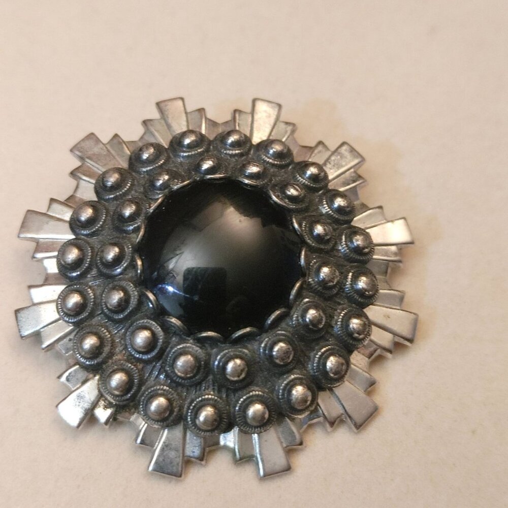 Silvery Sunburst Black Brooch Pin Centerpiece Textured Vintage Silver Tone